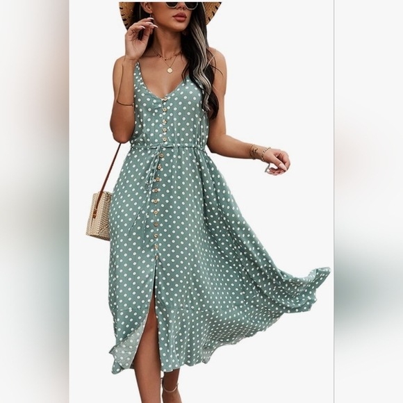 Brovave Dresses & Skirts - Pastel Green Polka Dot Midi Dress With Drawstring Waist Women's XL